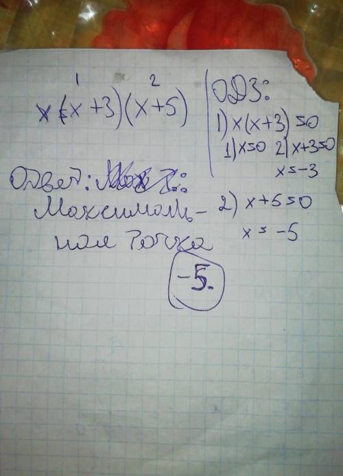 Знайти точку максимуму функції y=f(x), якщо f'(x)=x(x+3)(x-5)Хочу детальне пояснення , а не відповід