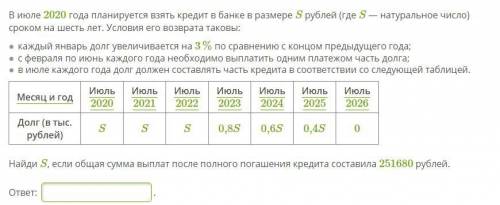 В июле 2020 года планируется взять кредит в банке в размере S рублей (где S — натуральное число) ср