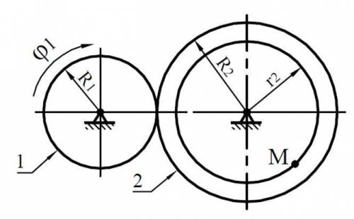 Визначити в момент часу t1=1 с швидкість і прискорення точки М, якщо рух колеса 1 задано рівнянням
