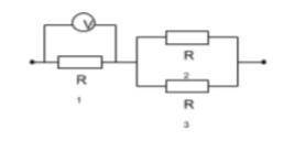 Визначити розподіл струмів і напруг між опорами на схемі, якщо R1=5Ом, R2=12Ом, R3=3Ом, а вольтме