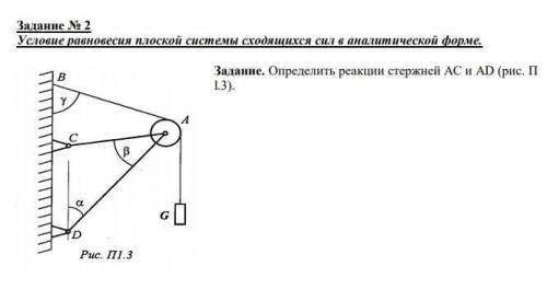 Определить реакции стержней АС и AD. G1=67kH, a=55 град. B=30 град. y=60град.