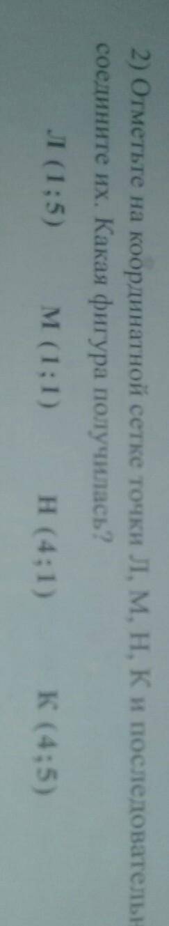2) Отметьте на координатной сетке точки Л, М, Н, К и последовательно соедините их. Какая фигура п