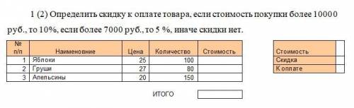Определить скидку к оплате товара, если стоимость покупки более 10000 руб., то 10%, если более 7000