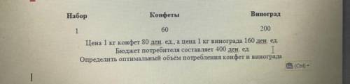 Набор 1 Конфеты 60 Виноград 200 Цена 1 кг конфет 80 ден. ед., а цена 1 кг винограда 160 ден. ед. Бю