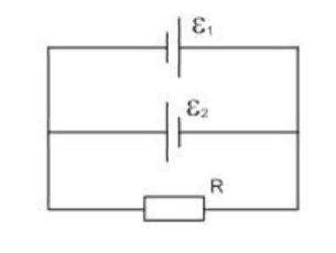 Два источника (ε1=8 В, r1=2 Ом, ε2=6 В, r1=1,5 Ом) и резистор сопротивлением R= 10Ом соединены, как