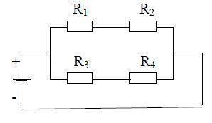 На каком из четырех резисторов выделится наибольшая мощность, если R1= 2 Ом, R2=4 Ом, R3=4 Ом, R4=8
