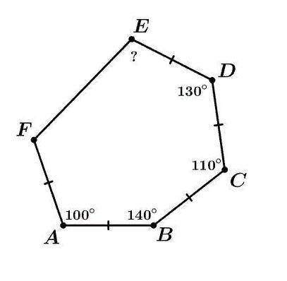 В шестиугольнике ABCDEF выполнены равенства FA=AB=BC=CD=DE, ∠A=100∘, ∠B=140∘, ∠C=110∘, ∠D=130∘. Най