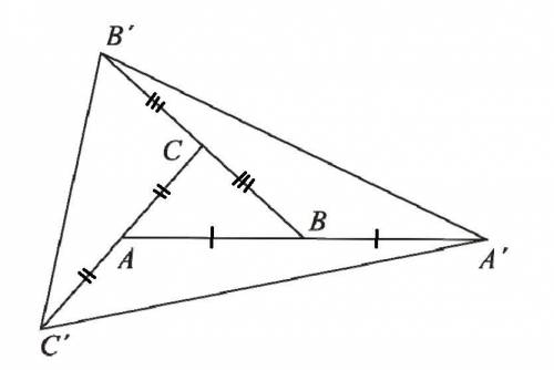 Дан треугольник ABC. Точка A' лежит на продолжении стороны AB так, что AB = BA', точка B' лежит на п