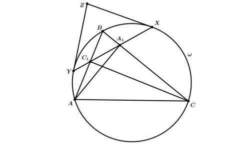 В остроугольном треугольнике ABC провели высоты AA1 и CC1. Окружность ω, описанная около треугольник