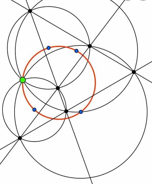 РАЗОБРАТЬСЯ Четыре прямые образуют четыре треугольника.а) Докажите, что описанные окружности этих тр