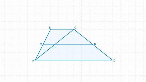 В трапеции ABCD проведена средняя линия MN и диагональ AC, которая делит среднюю линию на 2 отрезка,