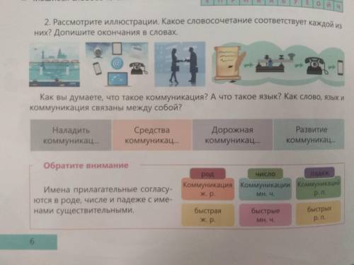 Посмотрите иллюстрации. Какое словосочетание соответствует каждой из них? Допишите окончания в слова