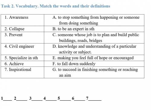 Vocabulary match the words and their definitions ​