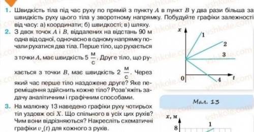 . На малюнку 13 наведено графіки руху чотирьох тіл уздовж осі Х. Що спільного в усіх цих рухів? Чим