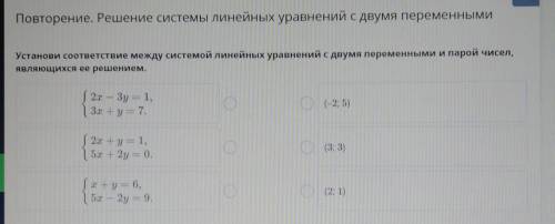 Установи соответствие между системой линейных уравнений с двумя переменными и парой чисел, являющихс