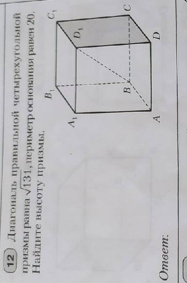 Диагональ правильной четырехугольной призмы равна корень из 131, периметр равен 20. Найдите высоту п
