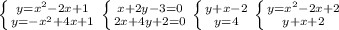 \left \{ {{y=x^{2}-2x+1} \atop {y=-x^{2}+4x+1}} \right. \left \{ {{x+2y-3=0} \atop {2x+4y+2=0}} \right. \left \{ {{y+x-2} \atop {y=4}} \right. \left \{ {{y=x^{2}-2x+2} \atop {y+x+2}} \right.