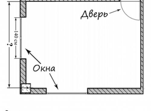 На ри­сун­ке изоб­ражён план ком­на­ты. Ши­ри­на окна равна 140 см. Най­ди­те, чему при­мер­но равна