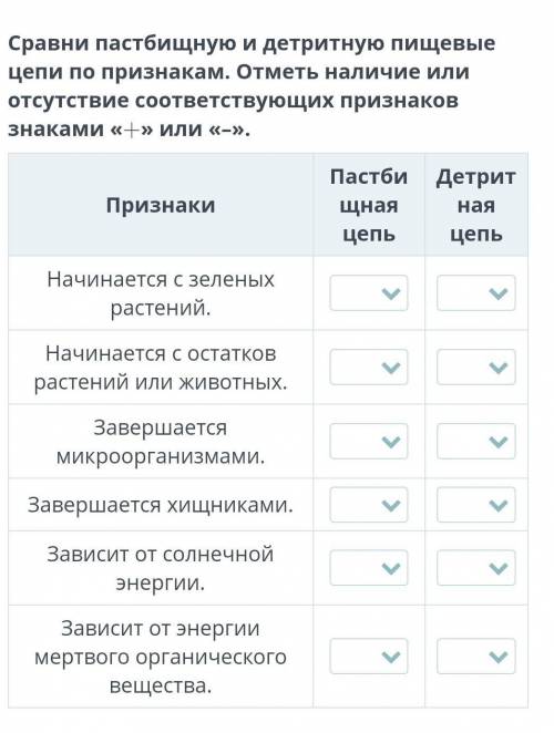 Сравни пастбищную и детритную пищевые цепи по признакам. Отметь наличие или отсутствие соответствующ