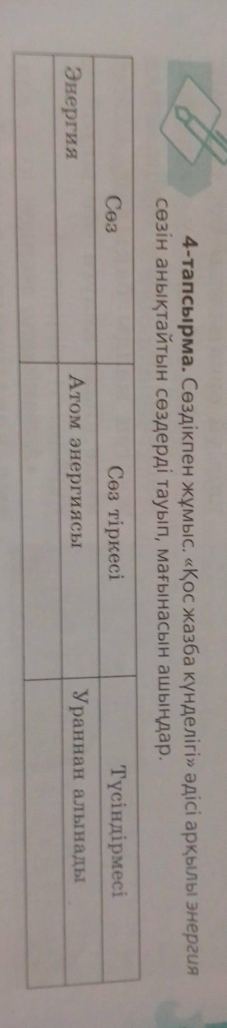 4-тапсырма. Сөздікпен жұмыс. «Қос жазба күнделігі» әдісі арқылы энергия сөзін анықтайтын сөздерді та