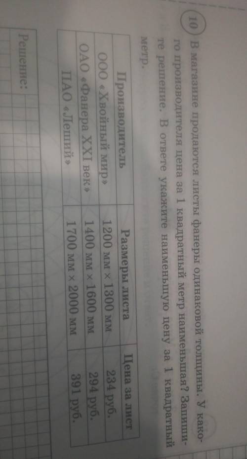 В магазине продаются листы фанеры одинаковой толщины. У какого производителя цена за 1 квадратный ме