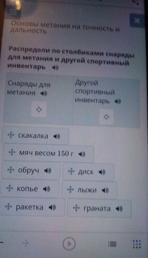 Распредели по столбикам снаряды для метания из другой спортивный инвентарь​