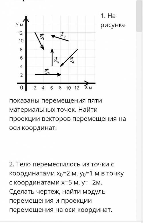 решить На рисунке показаны перемещения пяти материальных точек. Найти проекции векторов перемещения