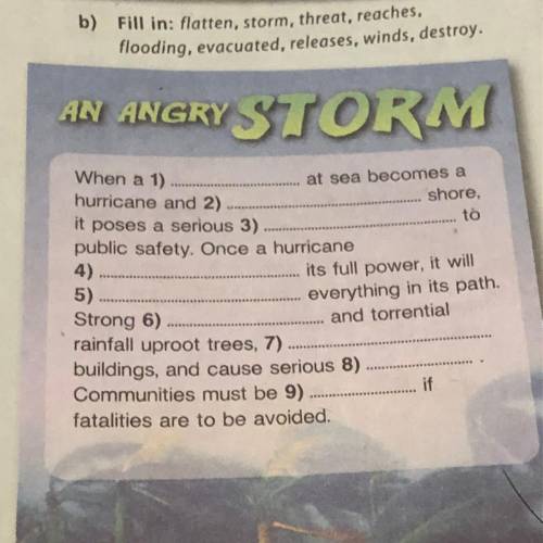 Fill in: flatten, storm, threat, reaches, flooding, evacuated, releases, winds, destroy. an angry Wh