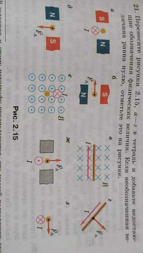 21. Перенесите рисунки 2.15, аз в тетрадь и добавьте недостато- щие обозначения физических величин.
