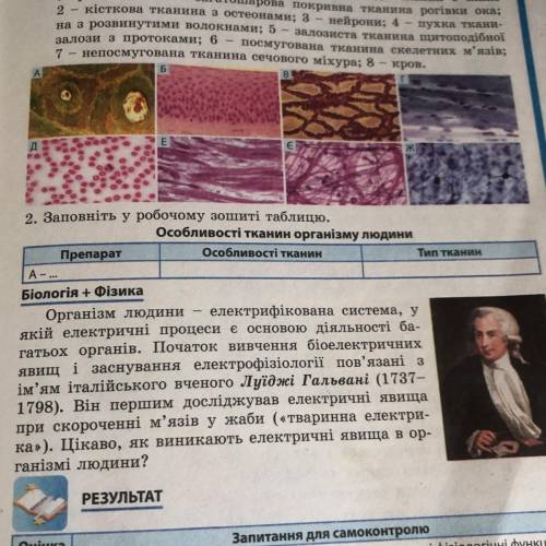 2. Заповніть у робочому зошиті таблицю. Особливості тканин організму людини Препарат Особливості тка