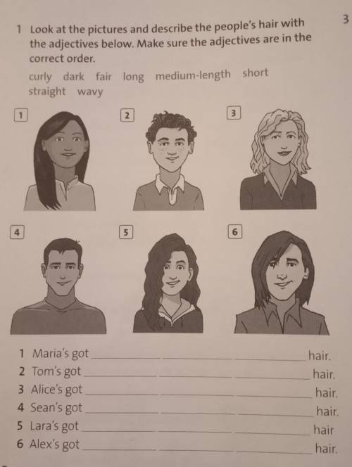 Look at the pictures and describe the people's hair with the adjectives below. Make sure the adjecti