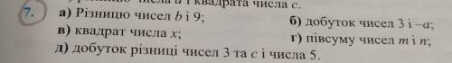 ів 7. а) Різницю чисел bi 9;б) добуток чисел 3i -а;В) квадрат числа х;г) півсуму чисел т і п;д) добу