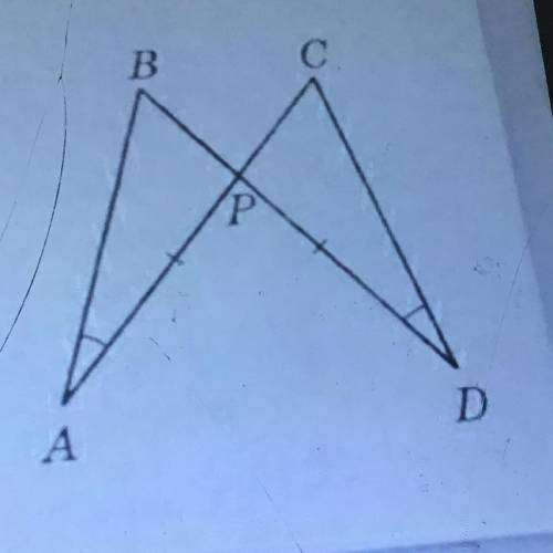 Доведіть рівність трикутника ABP і DCP зображених на ресунку AP=DP і BAR=PDC