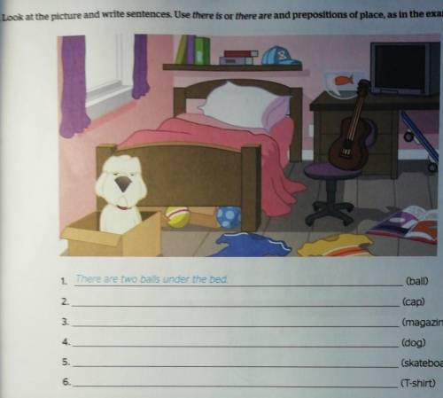 H. Look at the picture and write sentences. Use there is or there are and prepositions of place, as