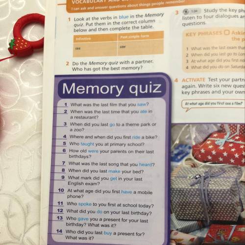 1 Look at the verbs in blue in the Memory quiz. Put them in the correct column below and then comple