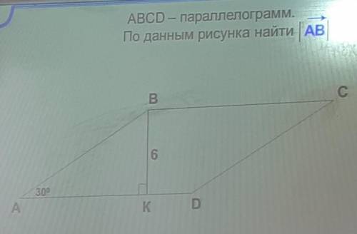ABCD - параллелограмм. ВК- высота =6 см. Угол А=30 По данным рисунка найти вектор |АВ|. Желательно с