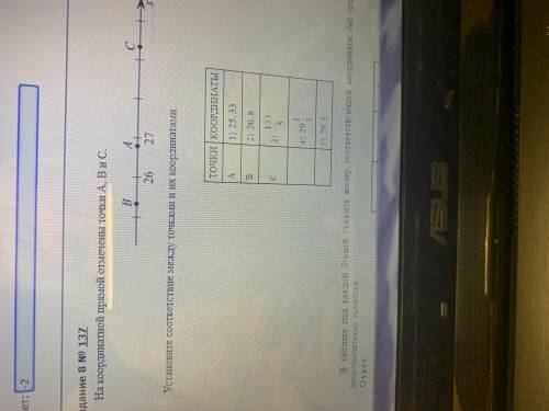 На координатной прямой отмечены точки А,В и С.Установите соответствие между точками и их координатам