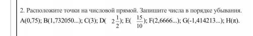 Расположите точки на числовой прямой. Запишите числа в порядке убывания. A(0,75); B(1,732050...); C(