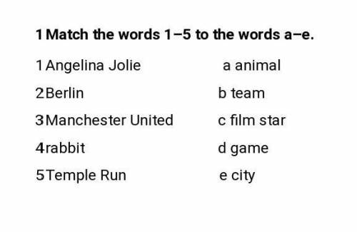 1 Match the words 1–5 to the words a–e. 1 Angelina Jolie a animal 2 Berlin b team 3 Manchester Unite