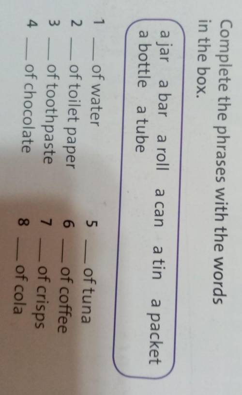 1 Complete the phrases with the words in the box.a cana jar a bar a rolla bottle a tubea tina packet