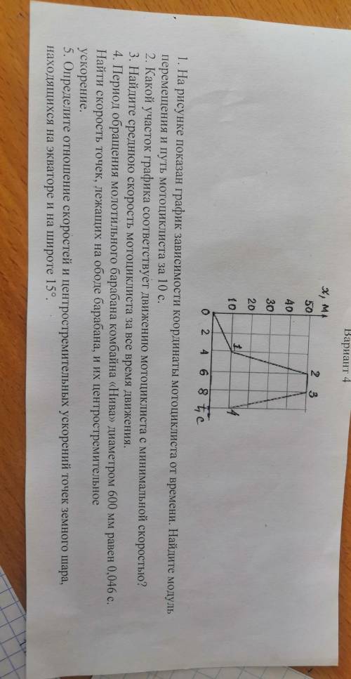 1. На рисунке показан график зависимости координаты мотоциклиста от времени. Найдите модуль перемеще