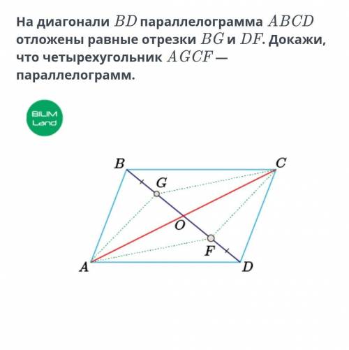 С ОТВЕТОМ На диагонали BD параллелограмма ABCD отложены равные отрезки BG и DF. Докажи, что четыреху