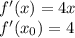 f'(x) = 4x\\f'(x_{0}) = 4