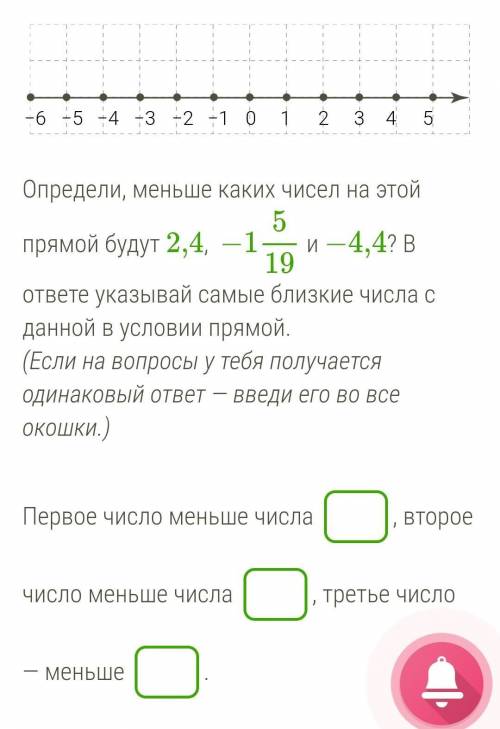 Определи, меньше каких чисел на этой прямой будут 2,4; −1 5/19(одна целая пять девятнадцатых) и −4,4