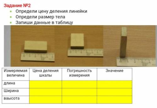 Задание №2 Определи цену деления линейкиОпредели размер телаЗапиши данные в таблицуИзмеряемая величи