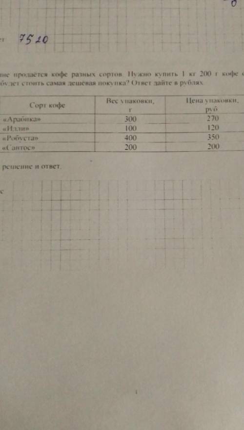 задача:В магазине продаётся кофе разных сортов. Нужно купить 1кг 200г кофе одного сорта. Сколько буд