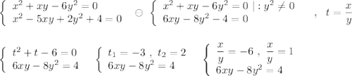\left\{\begin{array}{l}x^2+xy-6y^2=0\\x^2-5xy+2y^2+4=0\end{array}\right\ \ominus \ \left\{\begin{array}{l}x^2+xy-6y^2=0\ |:y^2\ne 0\\6xy-8y^2-4=0\end{array}\right\ \ \ ,\ \ t=\dfrac{x}{y}\\\\\\\left\{\begin{array}{l}t^2+t-6=0\\6xy-8y^2=4\end{array}\right\ \ \left\{\begin{array}{l}t_1=-3\ ,\ t_2=2\\6xy-8y^2=4\end{array}\right\ \ \left\{\begin{array}{l}\dfrac{x}{y}=-6\ ,\ \dfrac{x}{y}=1\\6xy-8y^2=4\end{array}\right