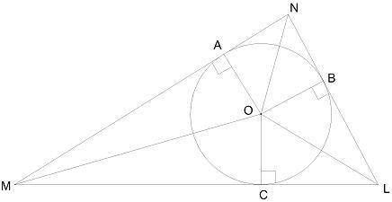В треугольник вписана окружность. Вычисли неизвестные углы, если ∢ NMO = 26° и ∢ ONL = 29°. ∢ AOC =