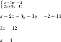 \left \{ {{x-3y=-2} \atop {2x+3y=14}} \right. \\\\x+2x-3y+3y=-2+14\\\\3x=12\\\\x=4