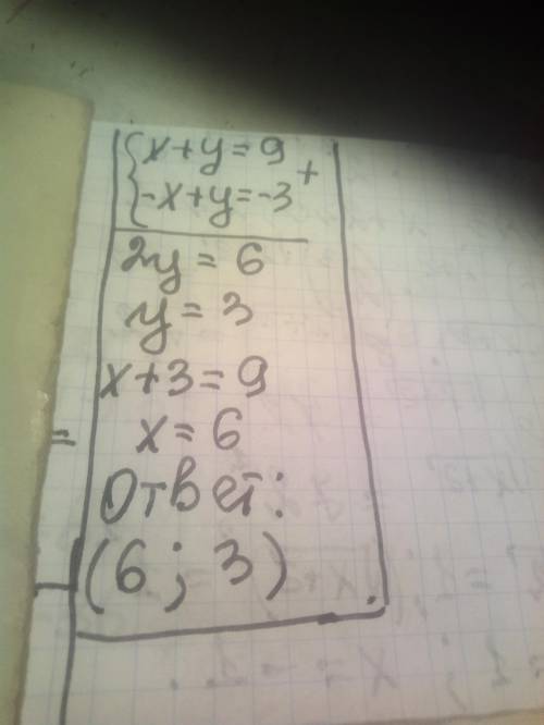 Розв'яжіть систему рівнянь алгебраїчного додавання:x+y=9;-x+y=-3.​